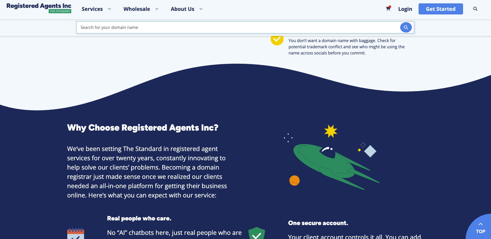 Registered Agents Inc. domains landing page with curvy block divider.